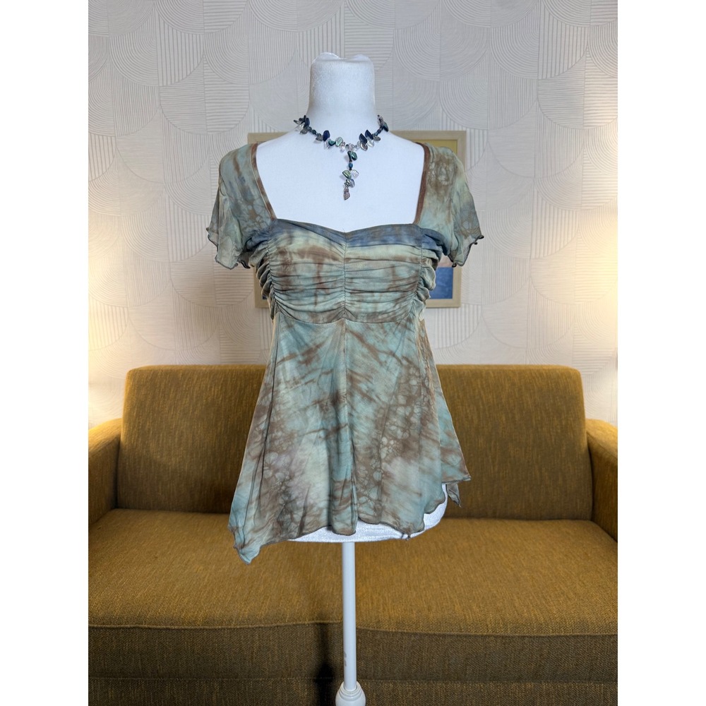 Cha Cha Vente Mesh Tie Dye Ruched Bust Babydoll Top Sage Brown Large
